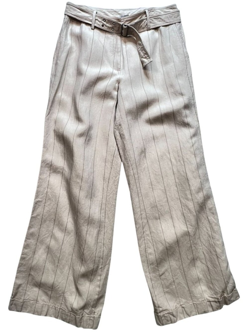Spiegel Women Linen Blend Belted Wide-Leg Trousers Flat Front Sz 12 Beige Stripe